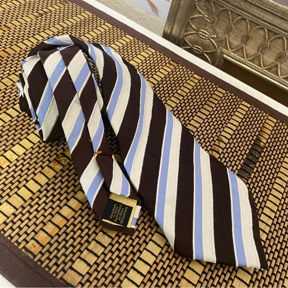 Donald Trump Silk Tie Brown Blue Stripe Classic Mens Neck Tie Hand Made